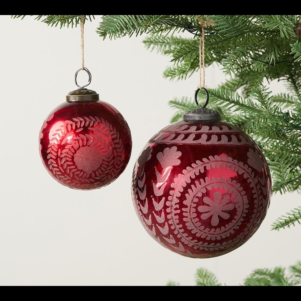 New Pottery Barn Red Etched Mercury Ball Christmas Ornament Decor 4” #1